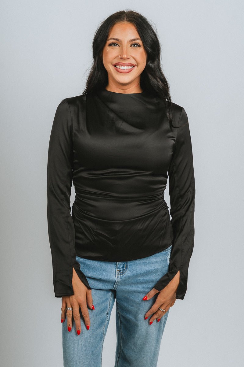Mock neck ruched long sleeve top black