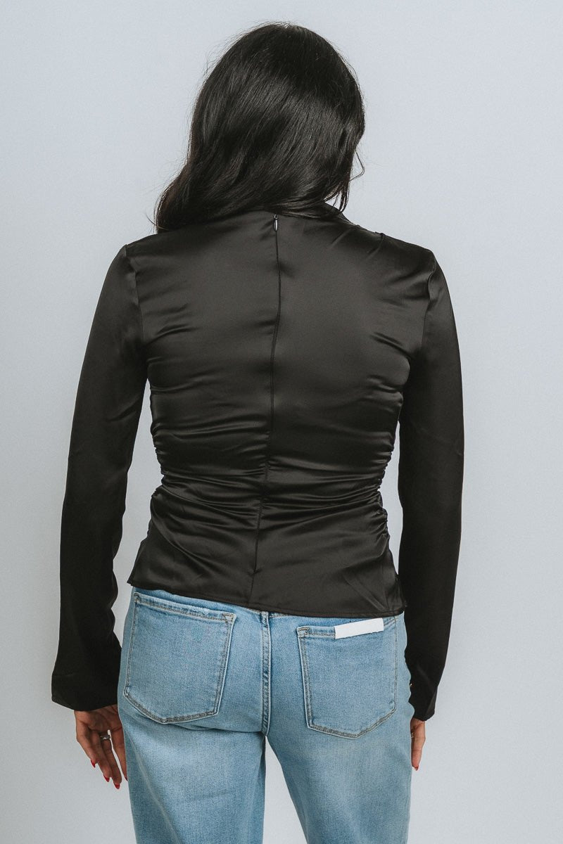 Mock neck ruched long sleeve top black