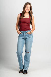 Square neck ruched tank top burgundy Stylish tank top - Womens Fashion Tank Tops at Lush Fashion Lounge Boutique in Oklahoma City