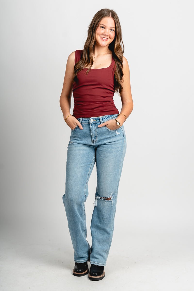 Square neck ruched tank top burgundy Stylish tank top - Womens Fashion Tank Tops at Lush Fashion Lounge Boutique in Oklahoma City