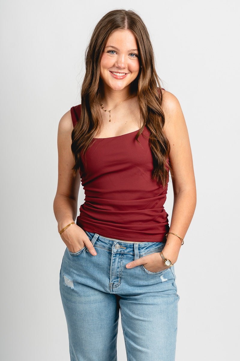 Square neck ruched tank top burgundy - Affordable tank top - Boutique Tank Tops at Lush Fashion Lounge Boutique in Oklahoma City