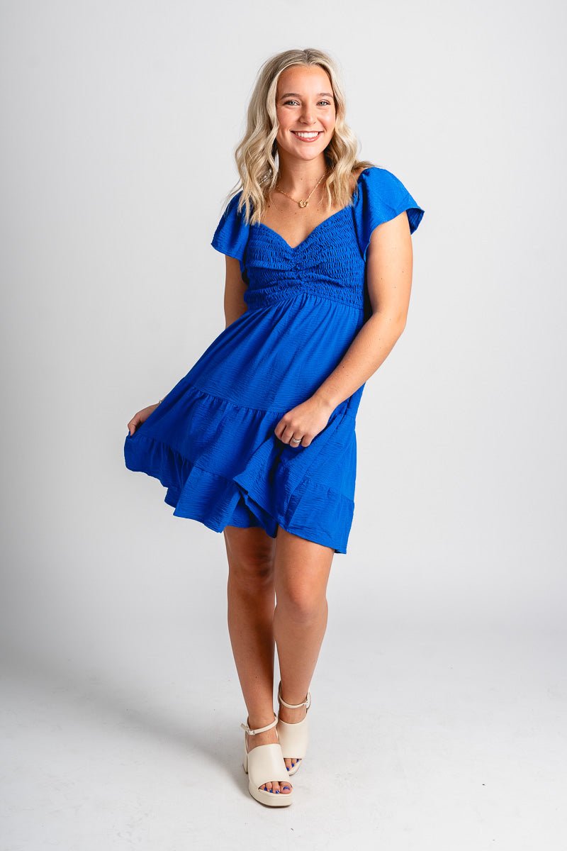 Smocked flutter sleeve dress cobalt blue