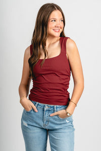 Square neck ruched tank top burgundy - Cute tank top - Trendy Tank Tops at Lush Fashion Lounge Boutique in Oklahoma City