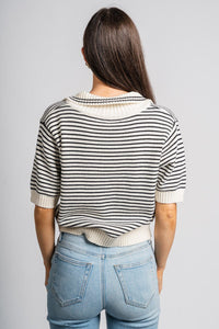 Striped collared sweater white/black – Unique Sweaters | Lounging Sweaters and Womens Fashion Sweaters at Lush Fashion Lounge Boutique in Oklahoma City