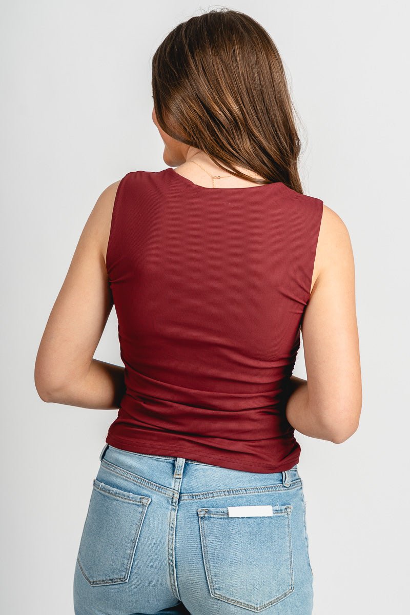 Square neck ruched tank top burgundy
