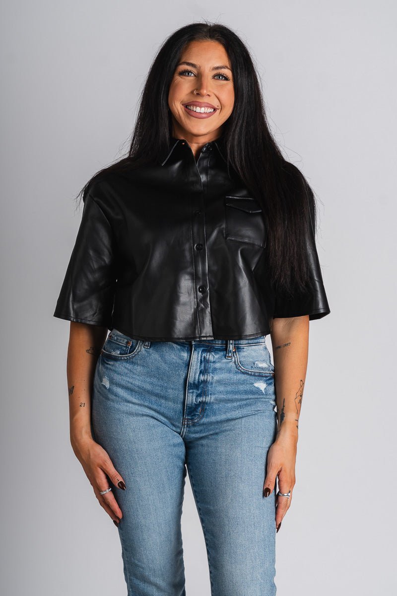 Faux leather short sleeve top black