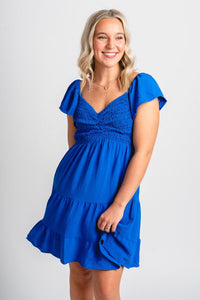 Smocked flutter sleeve dress cobalt blue - Stylish dress - Trendy Staycation Outfits at Lush Fashion Lounge Boutique in Oklahoma City