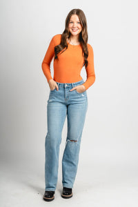 Long sleeve ribbed bodysuit dusty orange - Trendy Bodysuit - Fashion Bodysuits at Lush Fashion Lounge Boutique in Oklahoma City