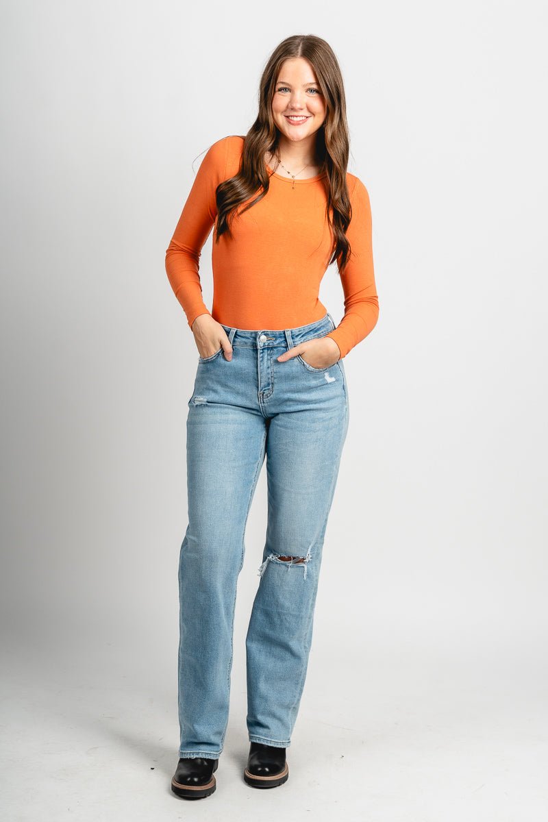 Long sleeve ribbed bodysuit dusty orange - Trendy Bodysuit - Fashion Bodysuits at Lush Fashion Lounge Boutique in Oklahoma City