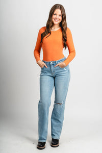 Long sleeve ribbed bodysuit dusty orange Stylish Bodysuit - Womens Fashion Bodysuits at Lush Fashion Lounge Boutique in Oklahoma City