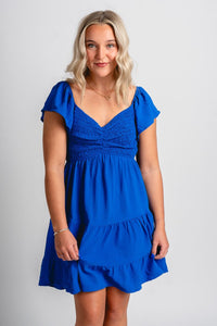 Smocked flutter sleeve dress cobalt blue - Affordable dress - Boutique Dresses at Lush Fashion Lounge Boutique in Oklahoma City