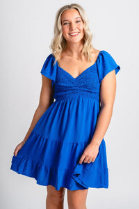 Smocked flutter sleeve dress cobalt blue - Fun dress - Unique Getaway Gear at Lush Fashion Lounge Boutique in Oklahoma