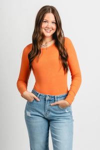Long sleeve ribbed bodysuit dusty orange - Affordable Bodysuit - Boutique Bodysuits at Lush Fashion Lounge Boutique in Oklahoma City