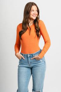 Long sleeve ribbed bodysuit dusty orange - Cute Bodysuit - Trendy Bodysuits at Lush Fashion Lounge Boutique in Oklahoma City