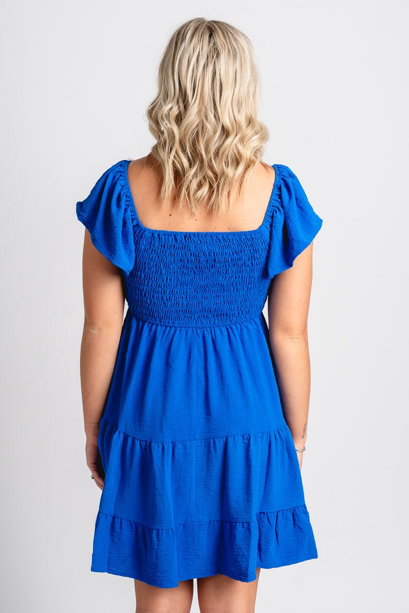 Smocked flutter sleeve dress cobalt blue - Adorable dress - Stylish Vacation T-Shirts at Lush Fashion Lounge Boutique in Oklahoma City