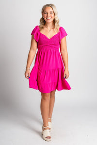 Smocked flutter sleeve dress hot pink - Stylish dress - Trendy Staycation Outfits at Lush Fashion Lounge Boutique in Oklahoma City