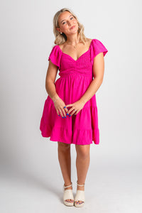 Smocked flutter sleeve dress hot pink - Fun dress - Unique Getaway Gear at Lush Fashion Lounge Boutique in Oklahoma