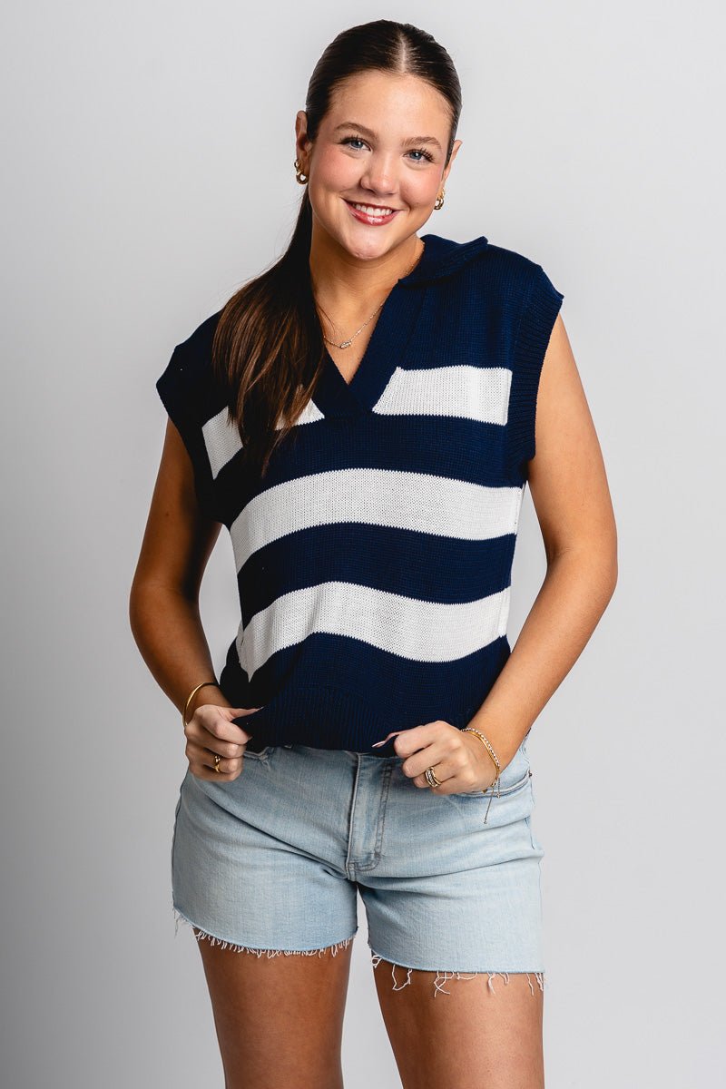 Striped polo sleeveless sweater navy - Cute Top - Fun American Summer Outfits at Lush Fashion Lounge Boutique in Oklahoma City