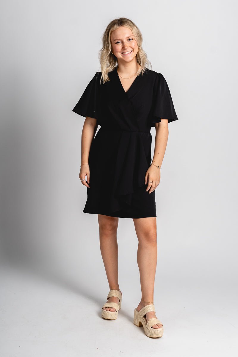 Cute Short Wrap Dresses Short Flutter Sleeve Ruffled Wrap Dress Black / Medium Cute Short Wrap Dresses Short Flutter Sleeve Ruffled Wrap Dress Black / Medium