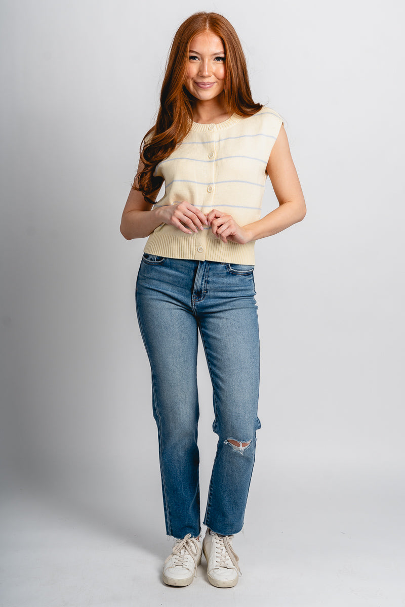 Sleeveless striped sweater vest yellow/blue – Unique Sweaters | Lounging Sweaters and Womens Fashion Sweaters at Lush Fashion Lounge Boutique in Oklahoma City