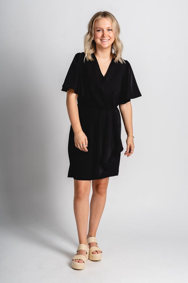 Short Sleeve Easter Dresses Short Flutter Sleeve Ruffled Wrap Dress Black / Medium Short Sleeve Easter Dresses Short Flutter Sleeve Ruffled Wrap Dress Black / Medium