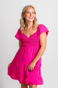 Smocked flutter sleeve dress hot pink - Affordable dress - Boutique Dresses at Lush Fashion Lounge Boutique in Oklahoma City