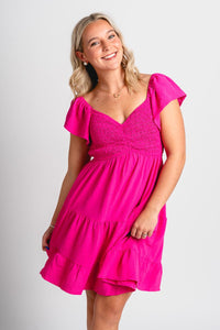 Smocked flutter sleeve dress hot pink - Trendy dress - Cute Vacation Collection at Lush Fashion Lounge Boutique in Oklahoma City