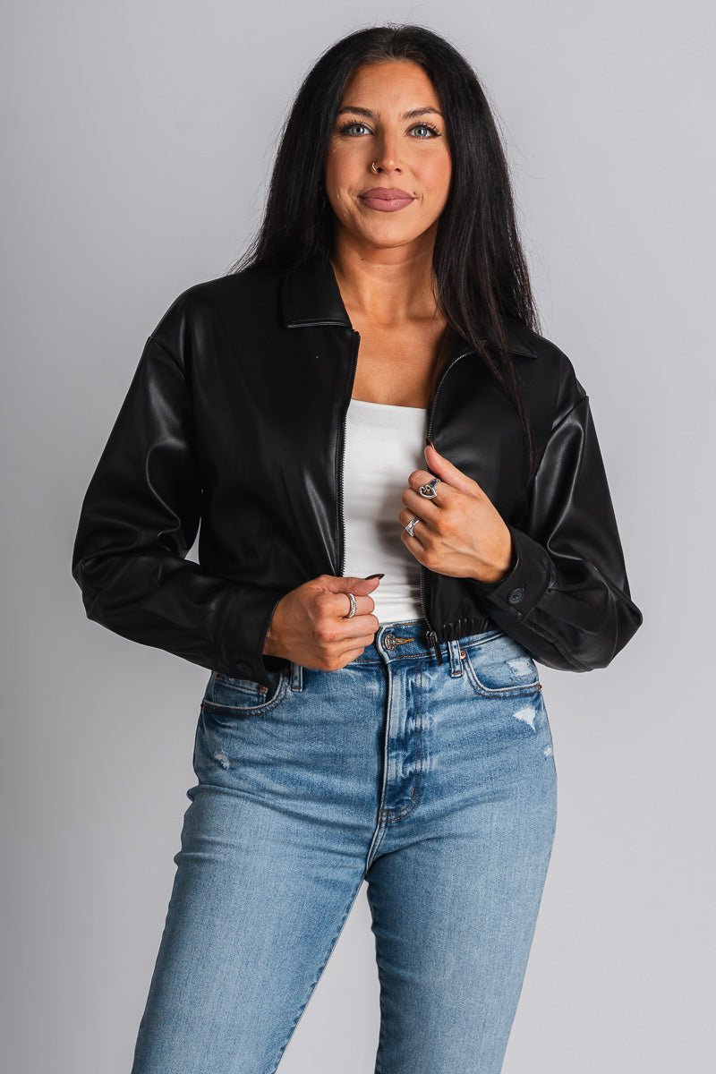 Faux leather jacket black – Trendy Jackets | Cute Fashion Blazers at Lush Fashion Lounge Boutique in Oklahoma City