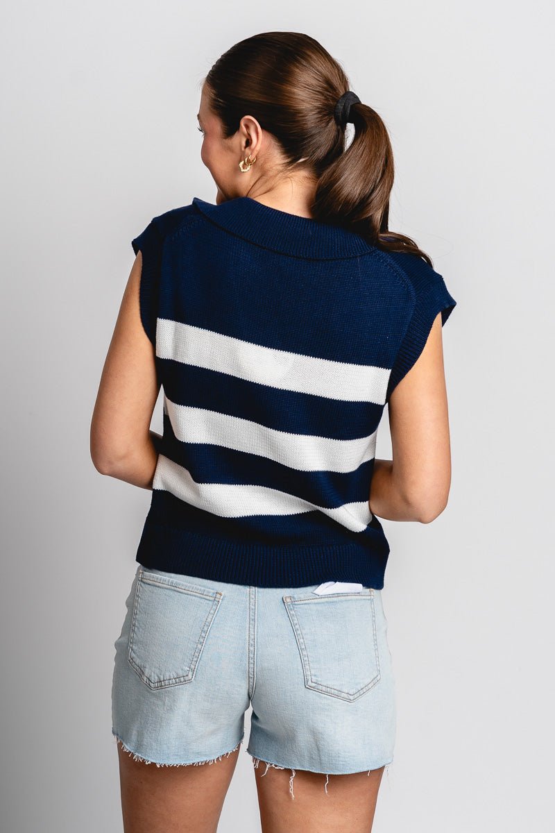 Striped polo sleeveless sweater navy - Adorable Top - Stylish Patriotic Summer Graphic Tees at Lush Fashion Lounge Boutique in OKC