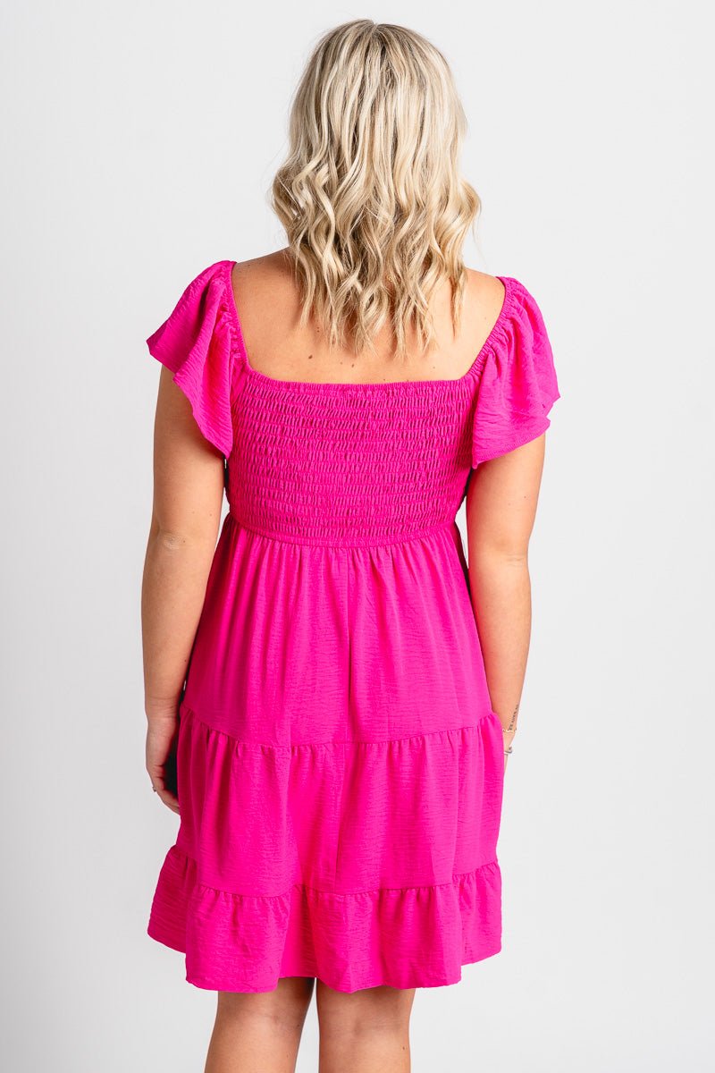 Smocked flutter sleeve dress hot pink - Adorable dress - Stylish Vacation T-Shirts at Lush Fashion Lounge Boutique in Oklahoma City