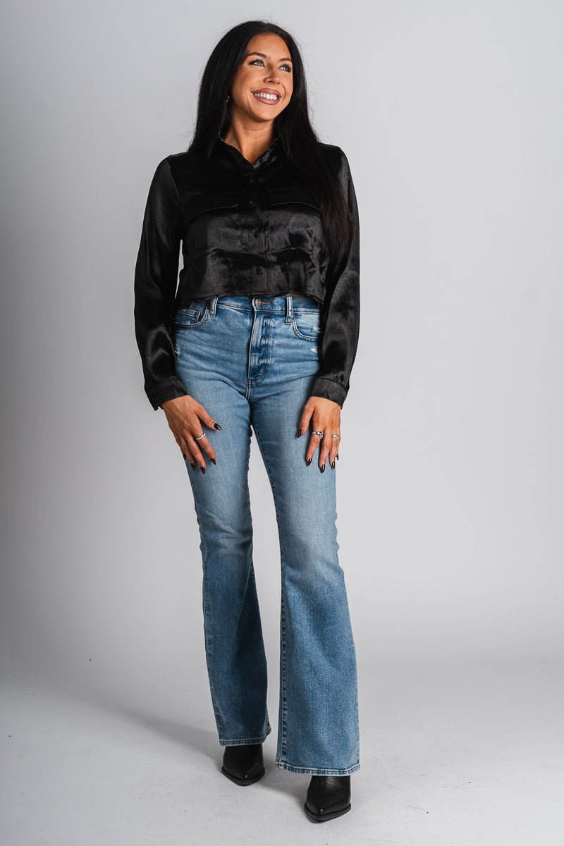 Satin long sleeve crop top black