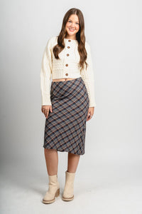 Plaid midi skirt grey/brown | Lush Fashion Lounge: boutique fashion skirts, affordable boutique skirts, cute affordable skirts