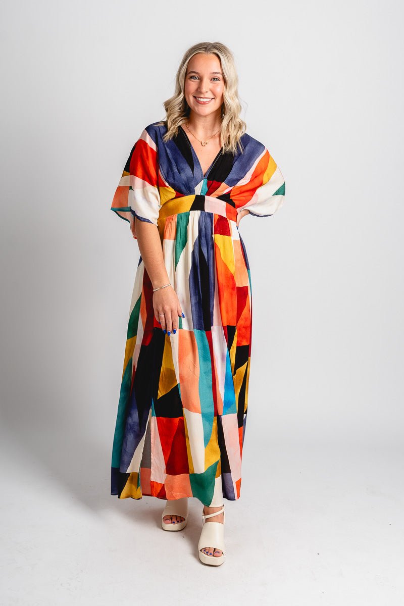 Geometric midi dress multi - Affordable dress - Boutique Dresses at Lush Fashion Lounge Boutique in Oklahoma City