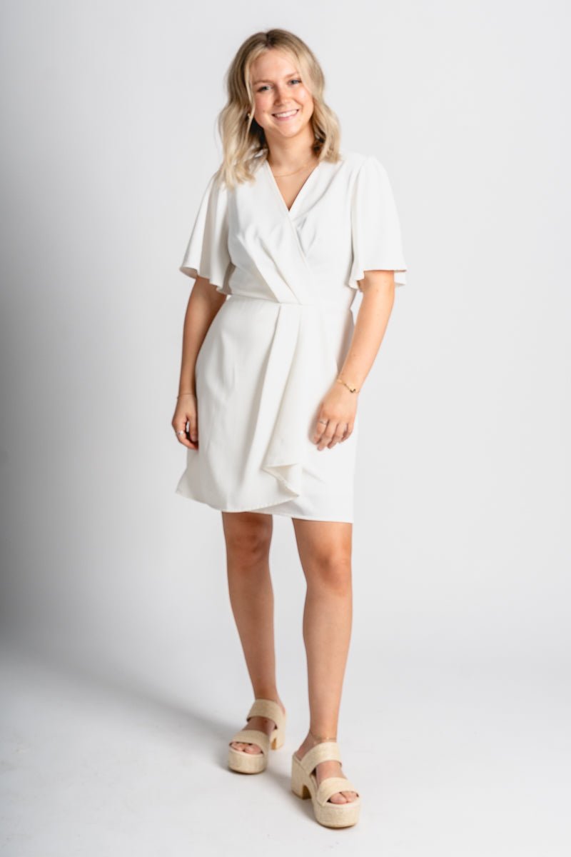 Short sleeve wrap dress off white - Cute dress - Trendy Easter Clothing Line at Lush Fashion Lounge Boutique in Oklahoma