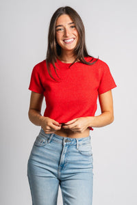 Short sleeve crop sweater red – Boutique Sweaters | Fashionable Sweaters at Lush Fashion Lounge Boutique in Oklahoma City