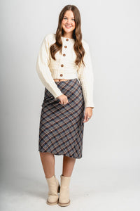 Plaid midi skirt grey/brown | Lush Fashion Lounge: boutique fashion skirts, affordable boutique skirts, cute affordable skirts