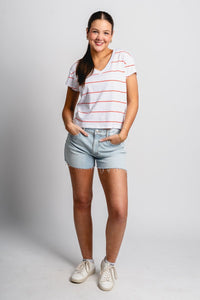 Z Supply Striped modern v-neck tee red hot - Z Supply top - Z Supply Clothing at Lush Fashion Lounge Trendy Boutique Oklahoma City
