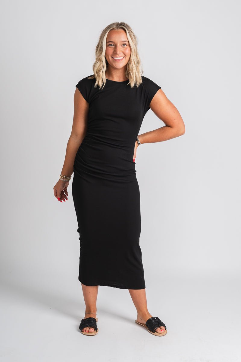 Ruched midi dress black - Cute Dress - Trendy Dresses at Lush Fashion Lounge Boutique in Oklahoma City