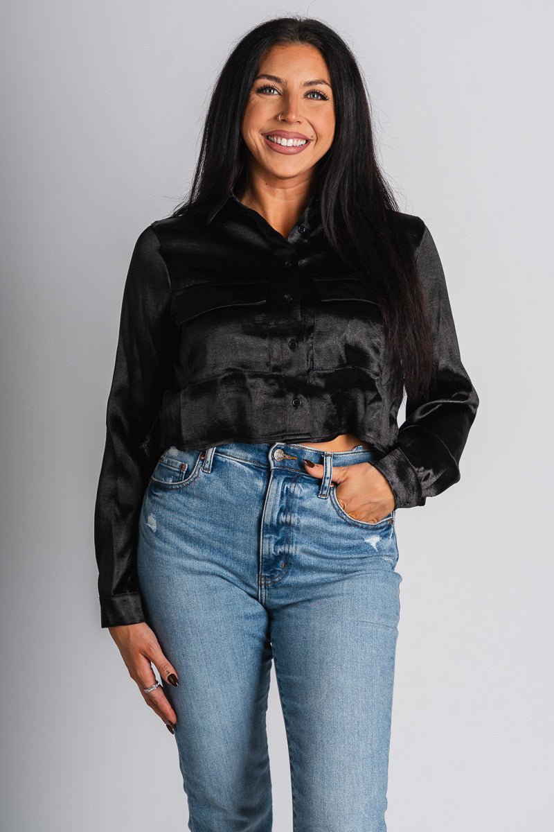 Satin long sleeve crop top black