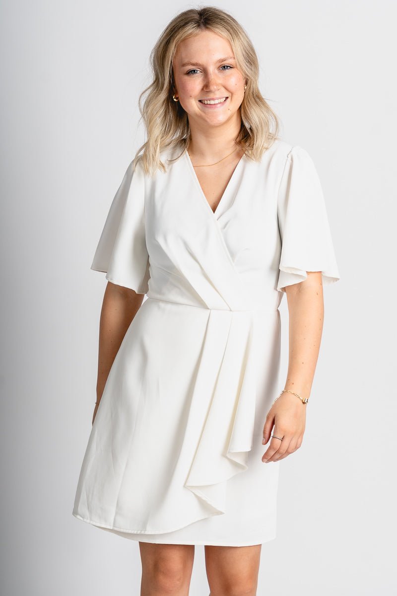Short sleeve wrap dress off white - Affordable dress - Boutique Dresses at Lush Fashion Lounge Boutique in Oklahoma City