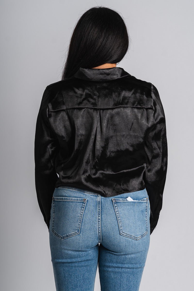 Satin long sleeve crop top black