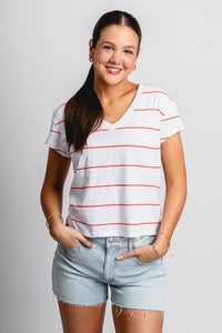 Z Supply Striped modern v-neck tee red hot - Z Supply top - Z Supply Tops, Dresses, Tanks, Tees, Cardigans, Joggers and Loungewear at Lush Fashion Lounge