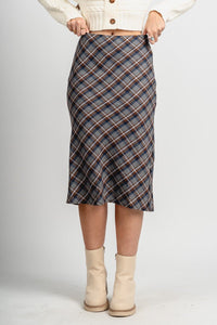 Plaid midi skirt grey/brown | Lush Fashion Lounge: boutique fashion skirts, affordable boutique skirts, cute affordable skirts