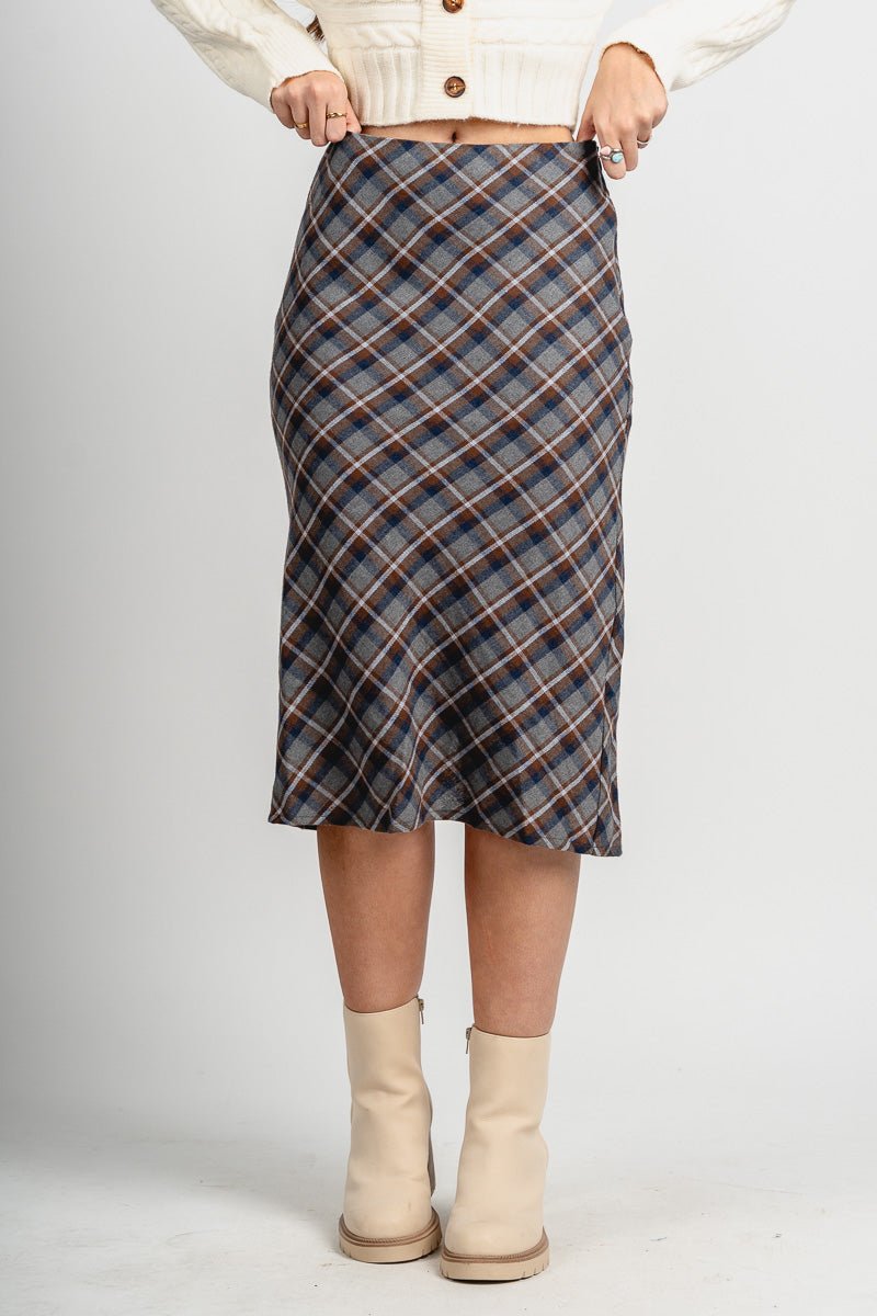 Plaid midi skirt grey/brown | Lush Fashion Lounge: boutique fashion skirts, affordable boutique skirts, cute affordable skirts