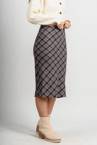 Plaid midi skirt grey/brown | Lush Fashion Lounge: boutique fashion skirts, affordable boutique skirts, cute affordable skirts