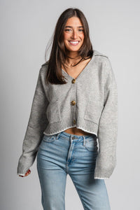 Contrast stitch sweater cardigan grey/white - Affordable Sweater - Boutique Cardigans & Trendy Kimonos at Lush Fashion Lounge Boutique in Oklahoma City