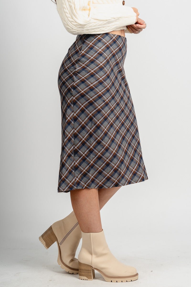 Plaid midi skirt grey/brown | Lush Fashion Lounge: boutique fashion skirts, affordable boutique skirts, cute affordable skirts