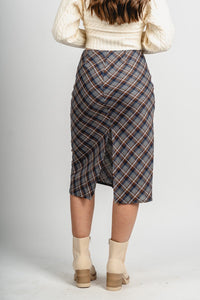 Plaid midi skirt grey/brown | Lush Fashion Lounge: boutique fashion skirts, affordable boutique skirts, cute affordable skirts