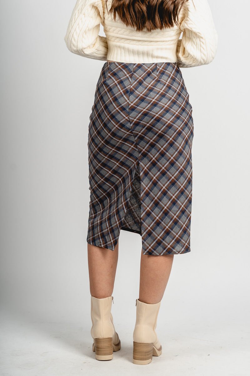 Plaid midi skirt grey/brown | Lush Fashion Lounge: boutique fashion skirts, affordable boutique skirts, cute affordable skirts