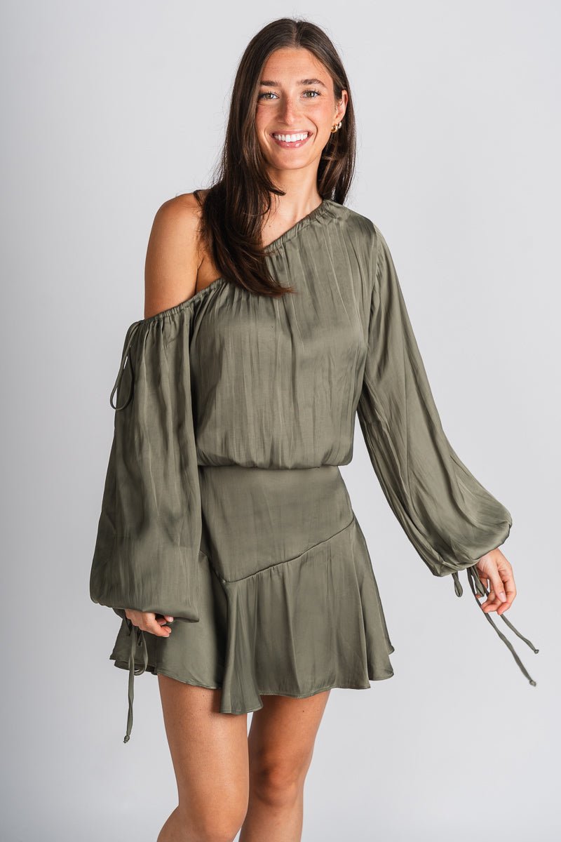 Flirt on off shoulder dress olive - Affordable dress - Boutique Dresses at Lush Fashion Lounge Boutique in Oklahoma City